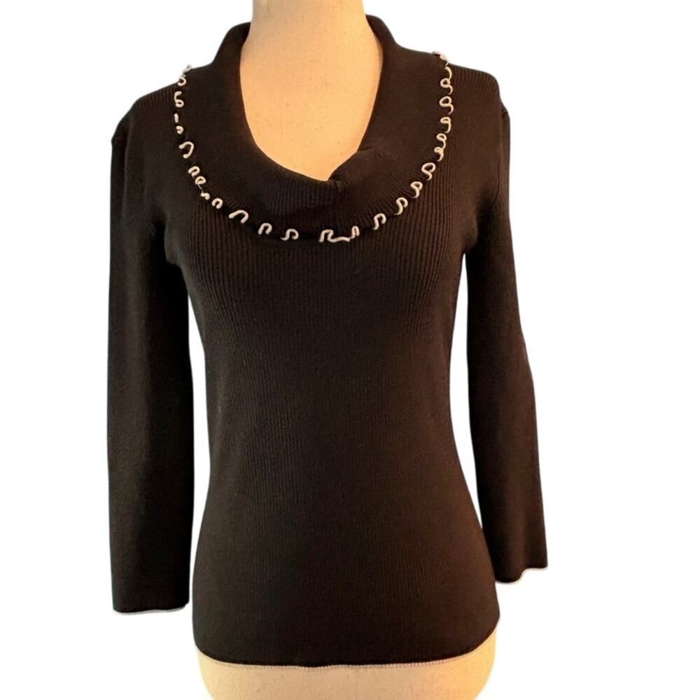 EUC! CACHE' Silk Blend Ribbed Knit Top Ruffle Cowl Neckline 3/4 Sleeve M